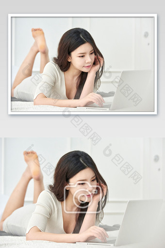 白色调简约居家生活趴在床上玩电脑的女生图片