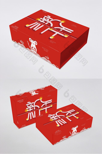 红色简约鼠年新年礼盒手提袋包装设计图片