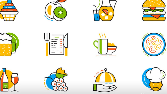 餐饮食品食物动画图标设计卡通图形AE模板