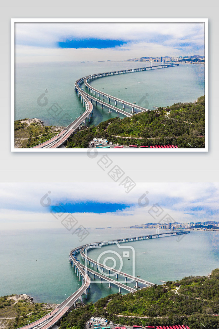 海岸线边上的大桥航拍摄影图片