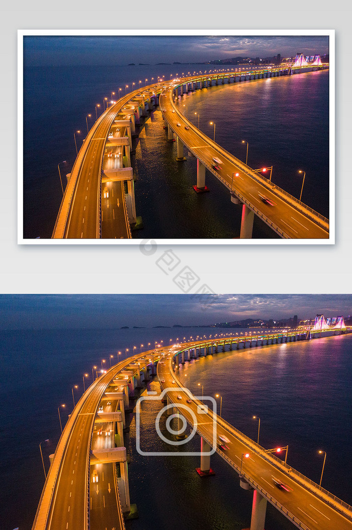 夜景跨海大桥航拍摄影图片