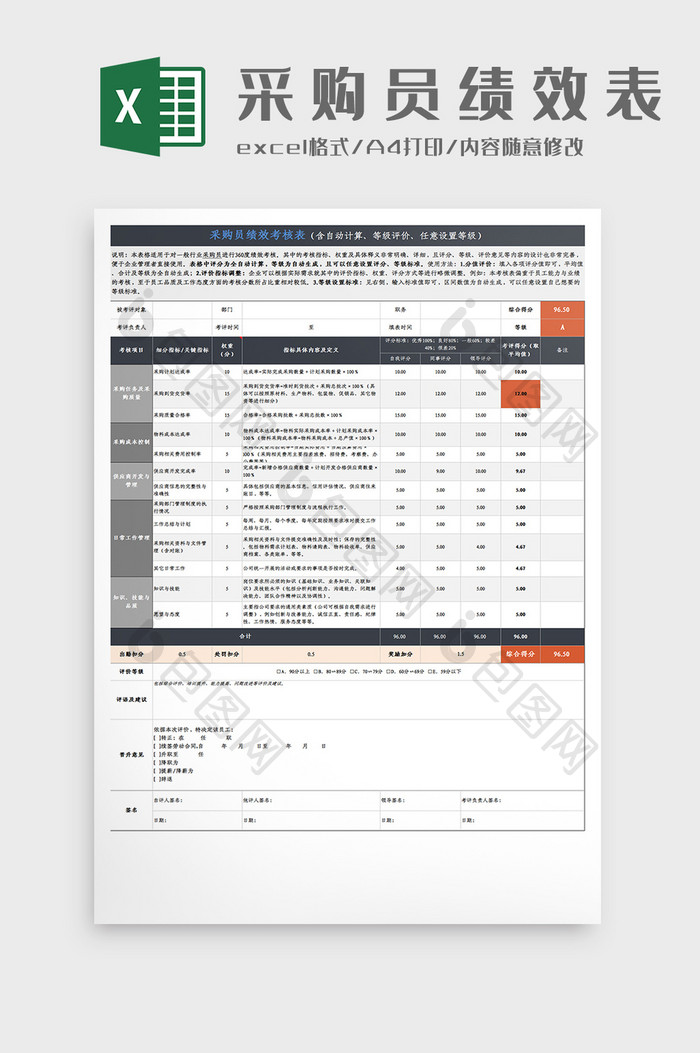 简约采购员绩效考核表Excel模板