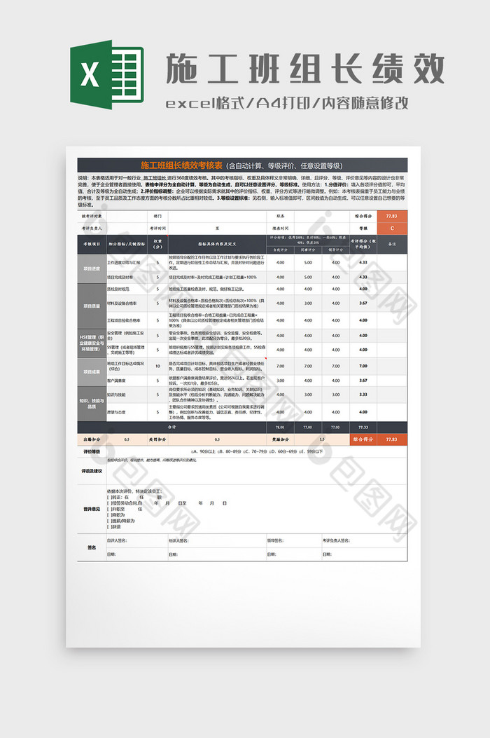 施工班组长绩效考核表Excel模板图片图片