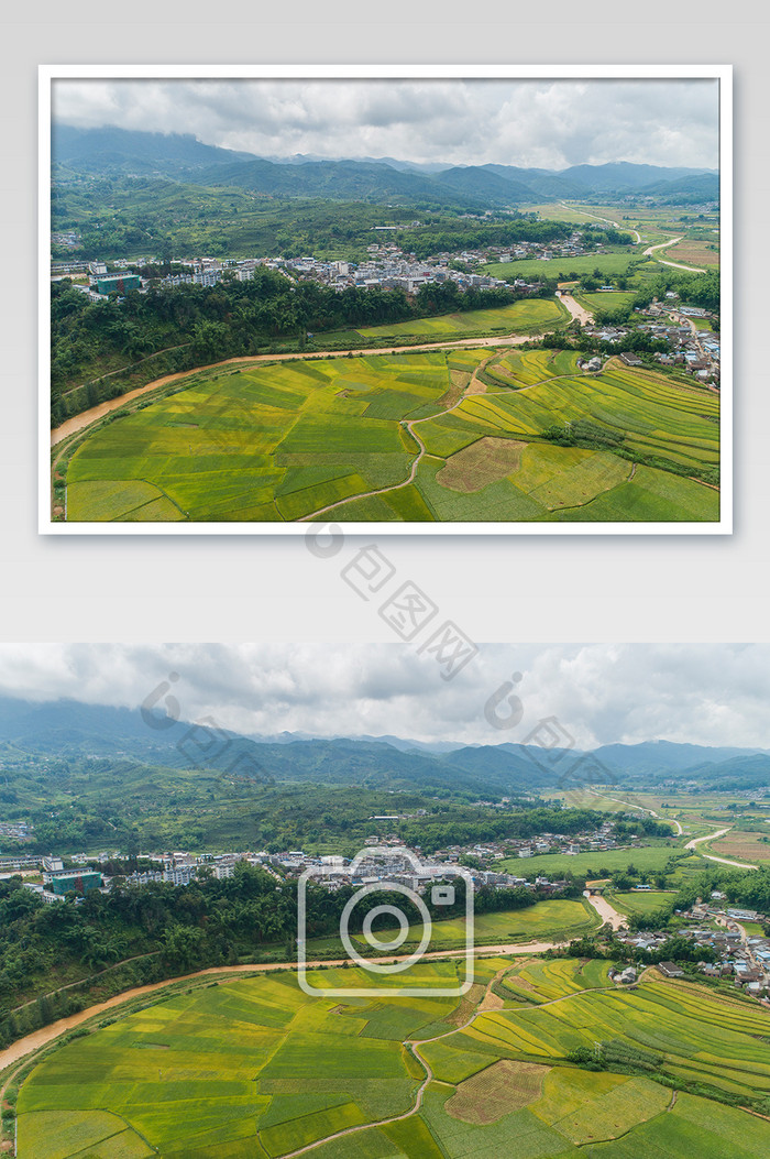 稻田环绕的小镇摄影图片