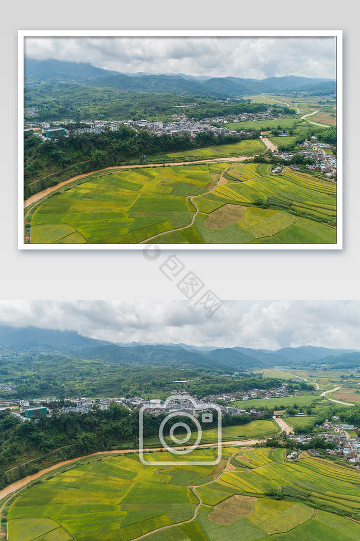 稻田环绕的小镇摄影图片