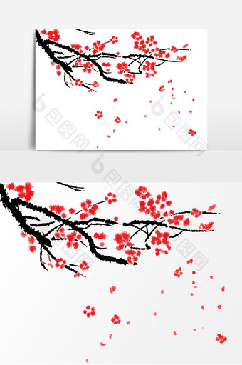 红色水墨复古中国风梅花矢量装饰图案花纹图片