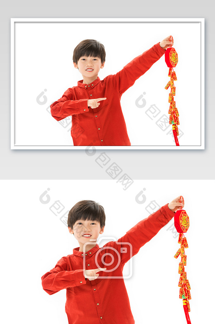 春节小男孩拿着鞭炮