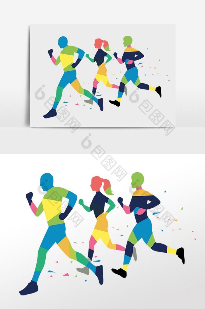 手绘体育运动跑步彩色人物剪影插画