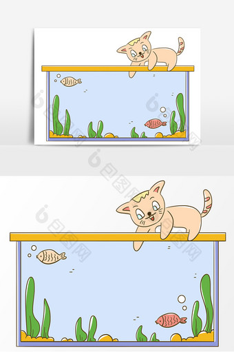 清新简约猫咪捞鱼边框图片