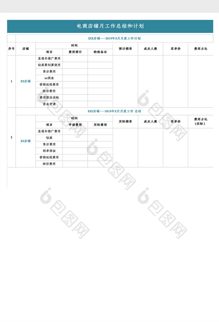 电商店铺月工作总结和计划Excel模板