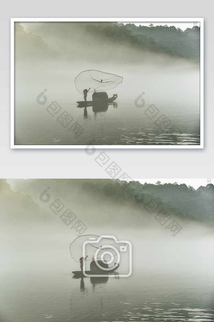湖南郴州东江湖雾漫小东江渔夫撒网摄影图图片图片
