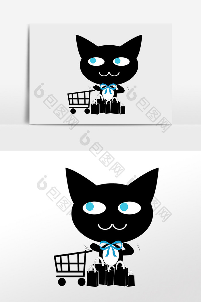 手绘可爱宠物黑猫推购物车插画