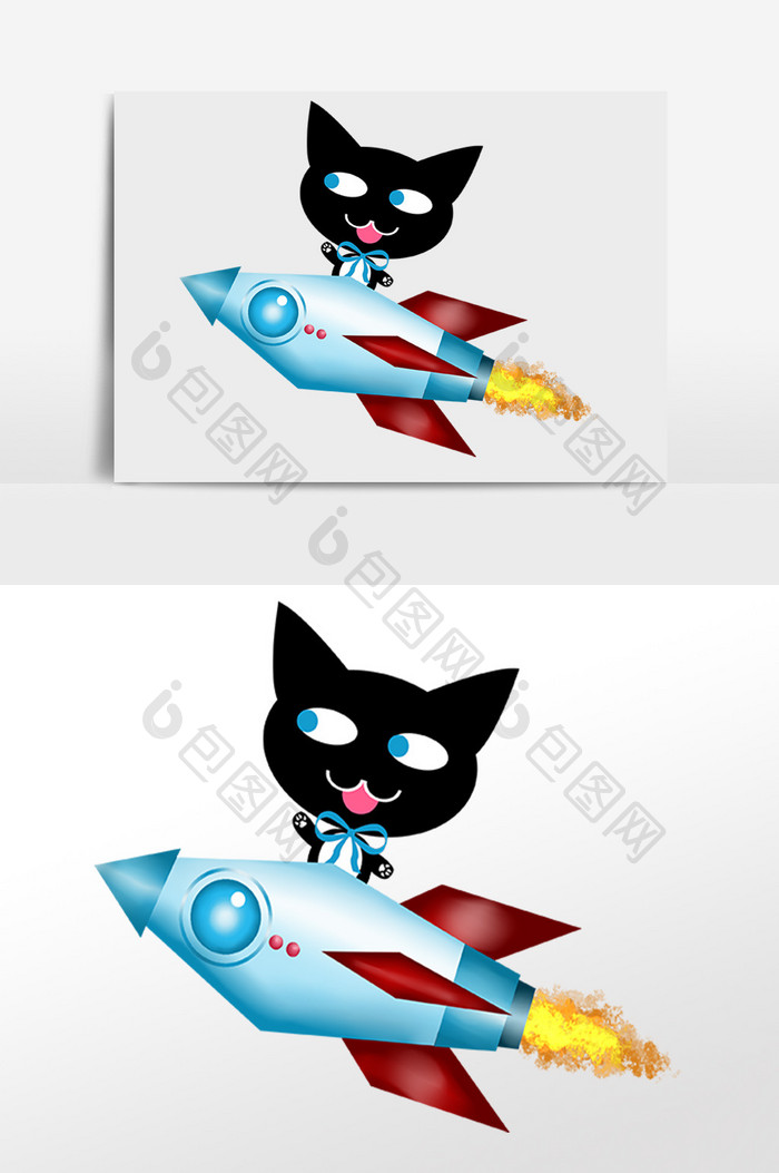 手绘可爱宠物黑猫坐火箭插画