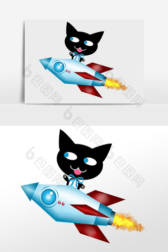 手绘可爱宠物黑猫坐火箭插画图片