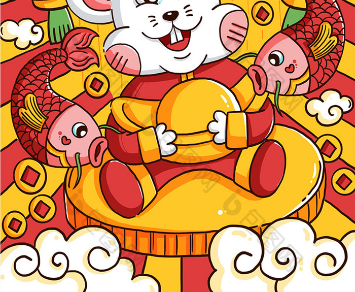 金鼠迎春鼠年手绘插画海报设计