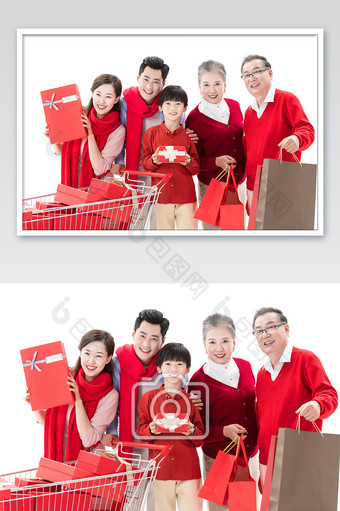 春节新年一家人一起采购年货拜年祝福送礼图片