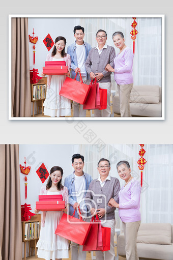 新年春节儿女回家送礼给父母拜年图片