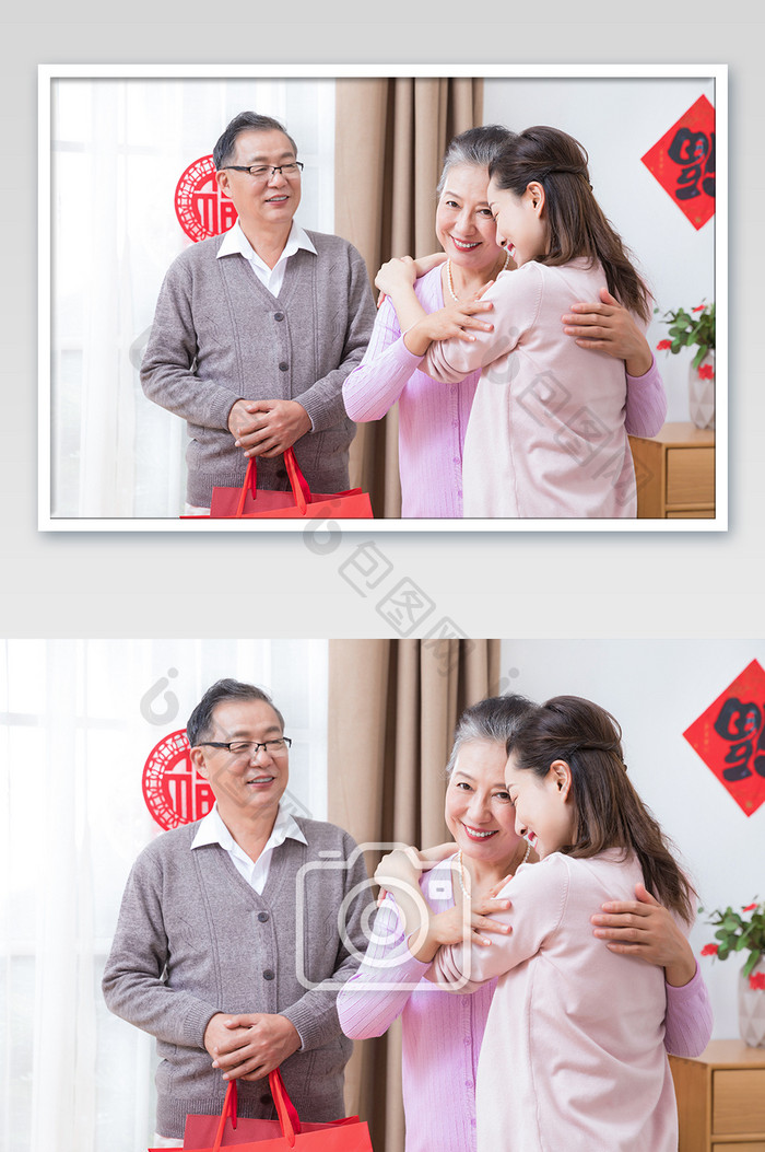 春节新年女儿拜年祝福和妈妈拥抱