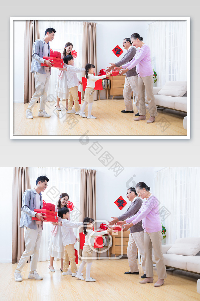 春节新年父母带着孩子给老人拜年祝福