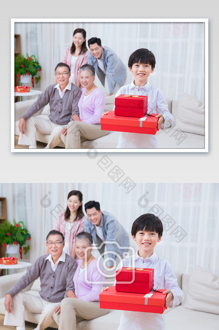 春节新年家庭男孩送礼物拜年