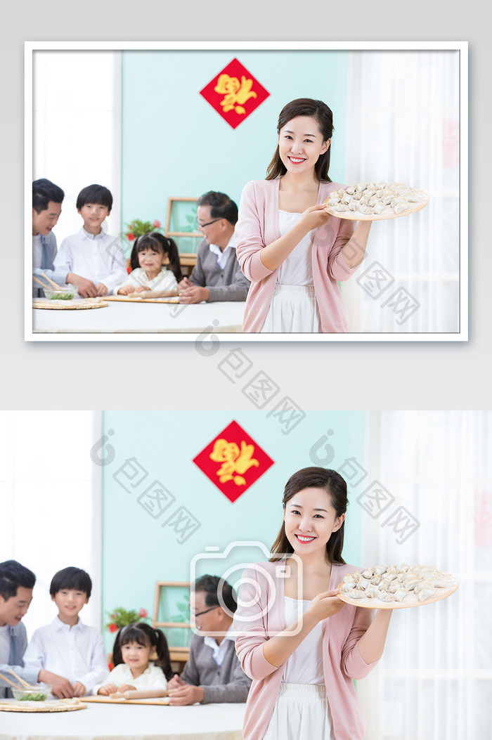 春节新年家庭团聚包饺子妈妈晒饺子