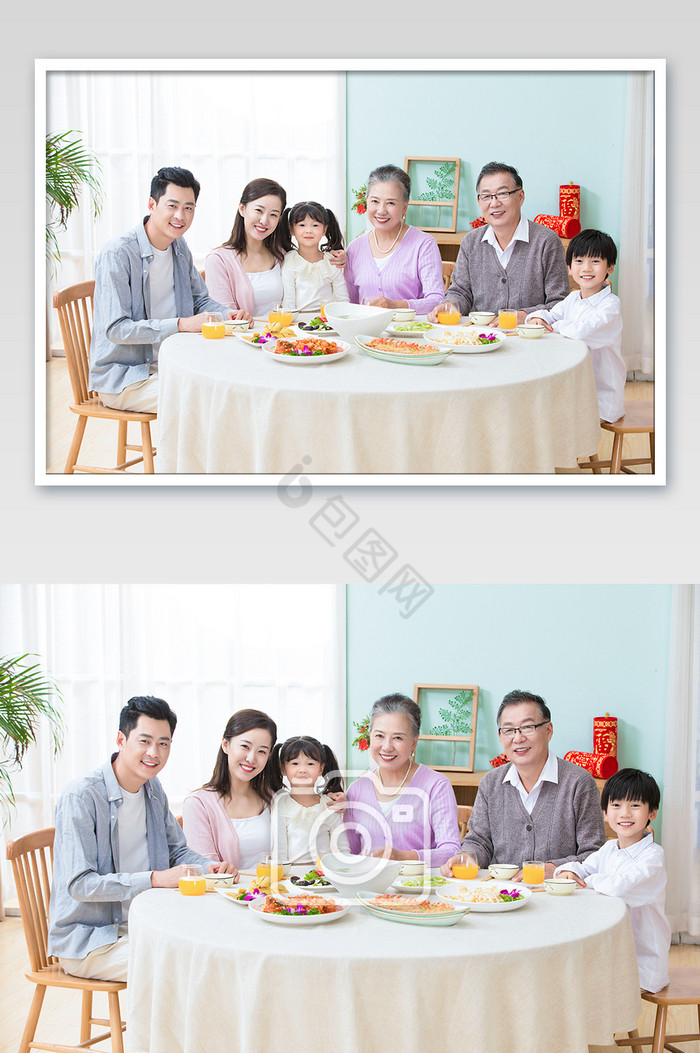 春节新年一家人吃年夜饭拍全家福图片