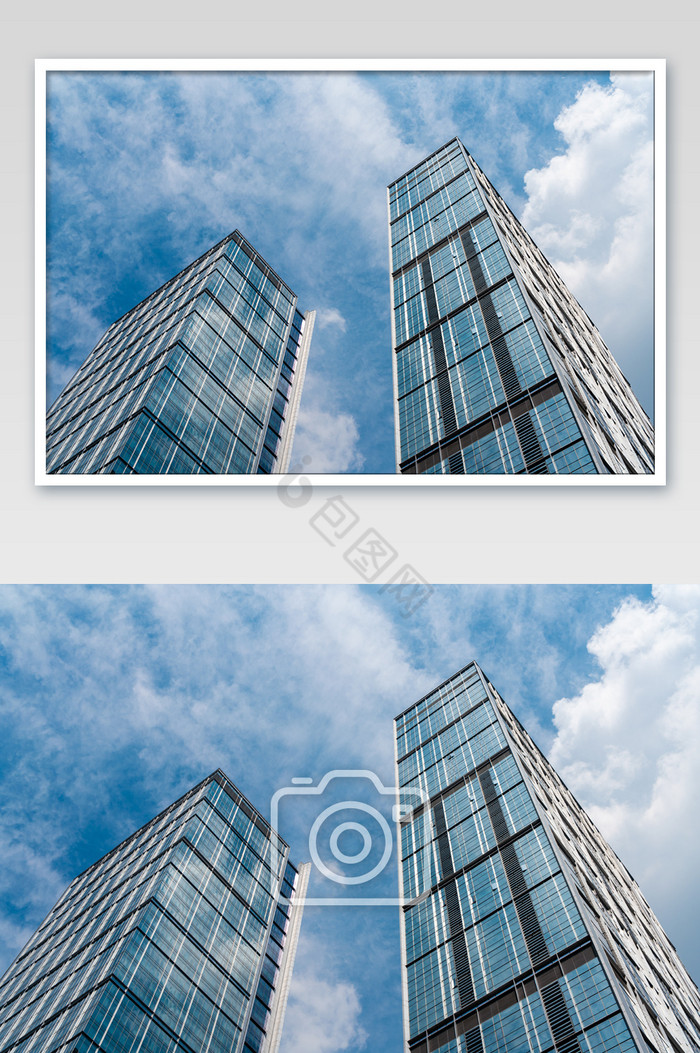 高端蓝色商务办公楼城市建筑仰视摄影图片
