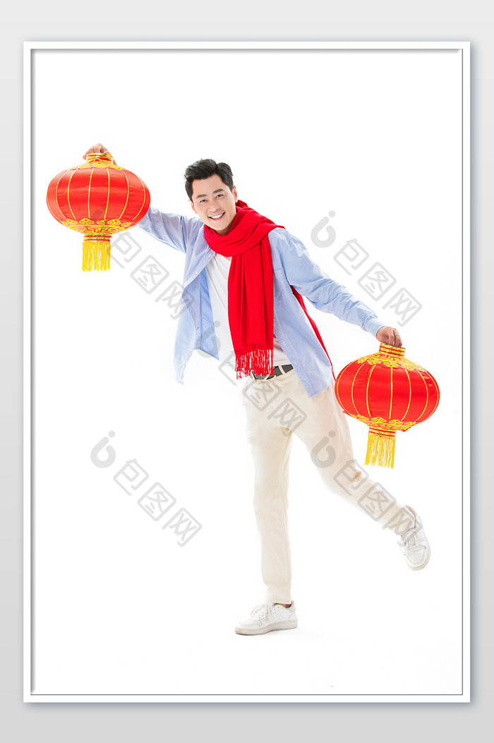 春节新年男性双手拿着灯笼拜年祝福问候
