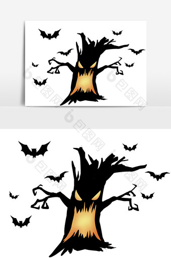手绘万圣节创意黑色枯木蝙蝠设计元素图片