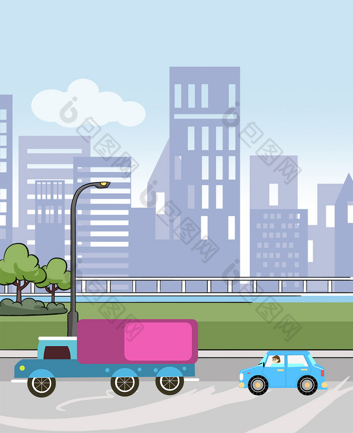 浅蓝色交通道路行车规范城市交通卡车轿车