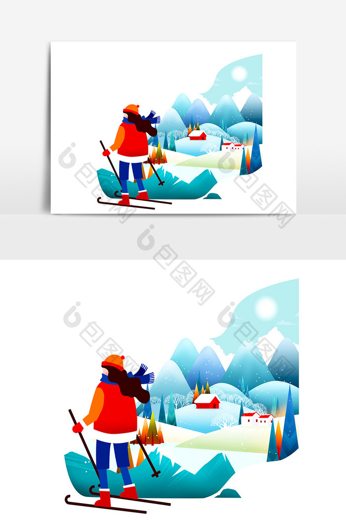 创意插画冬天滑雪元素