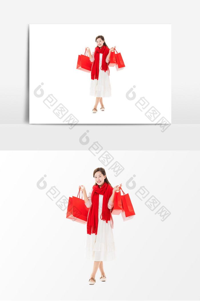 春节新年年轻女性手提购物袋微笑元素