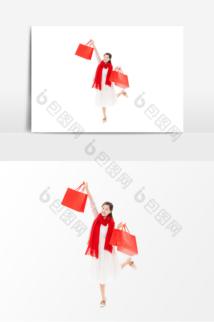 春节新年女性提着购物袋欢呼图片图片