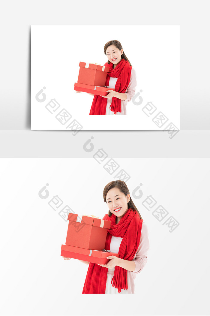 新年年轻女性手拿礼物盒元素