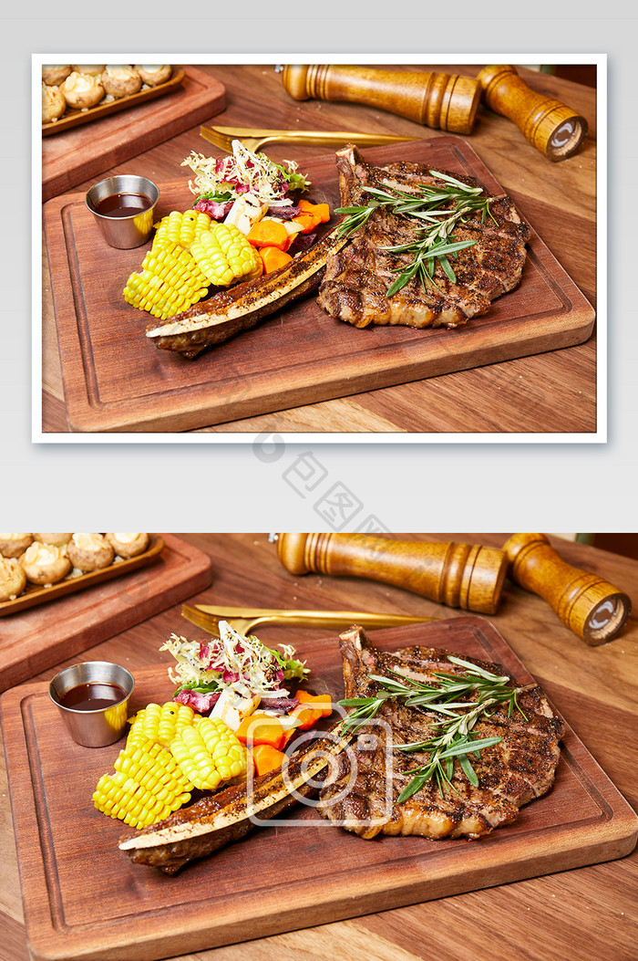 西餐牛排牛肉迷迭香玉米木板美食摄影图片
