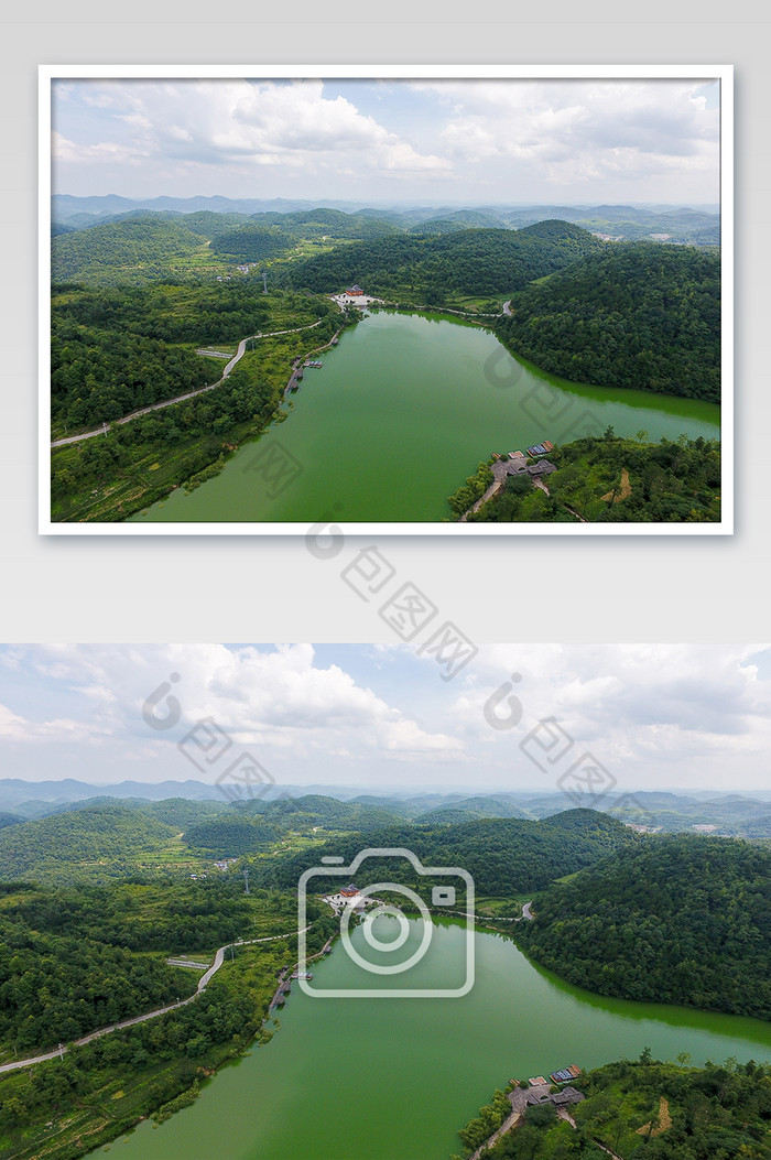 航拍山中天然湖摄影图片图片