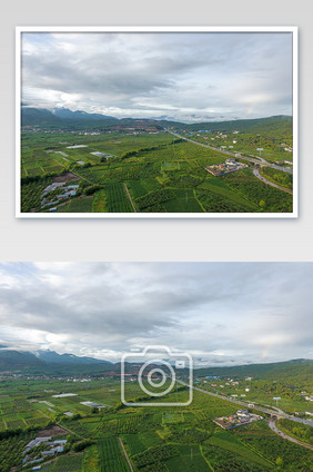 航拍雨后田园彩虹景色