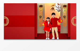 春节新年男孩女孩拿着灯笼拜年背景图片