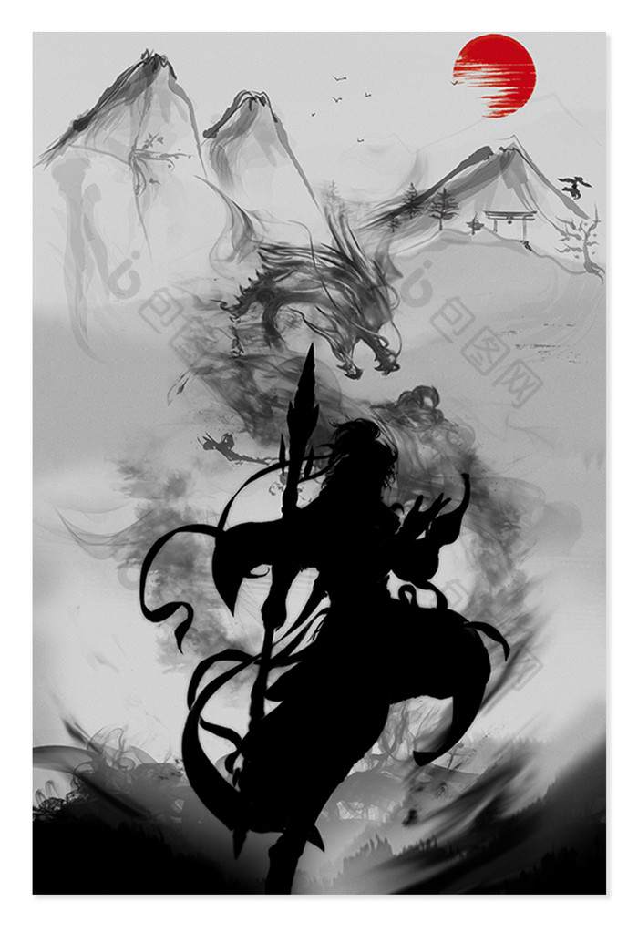 水墨仙侠武侠国风黑白剪影图片