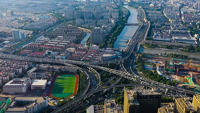 航拍南京城市大景奥体中心高架车流