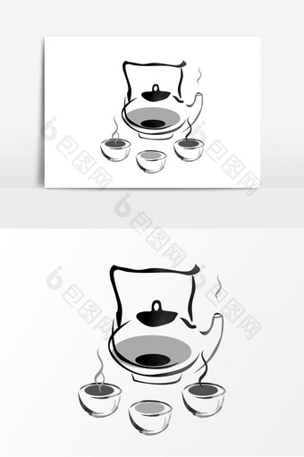 水墨茶具茶壶茶杯装饰元素图片