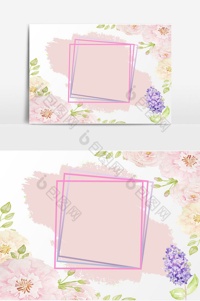 粉色小清新水彩笔触花朵边框元素