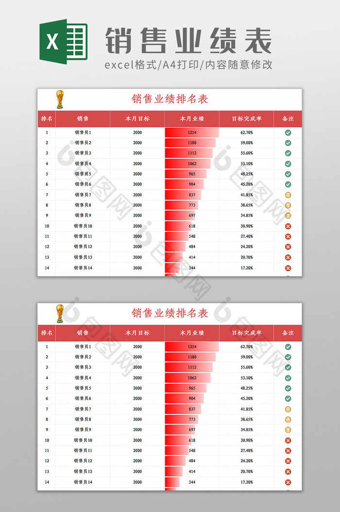 红色销售业绩排名表Excel模板