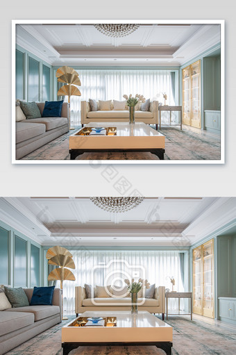 蓝色温馨大气的法式客厅家居摄影图图片