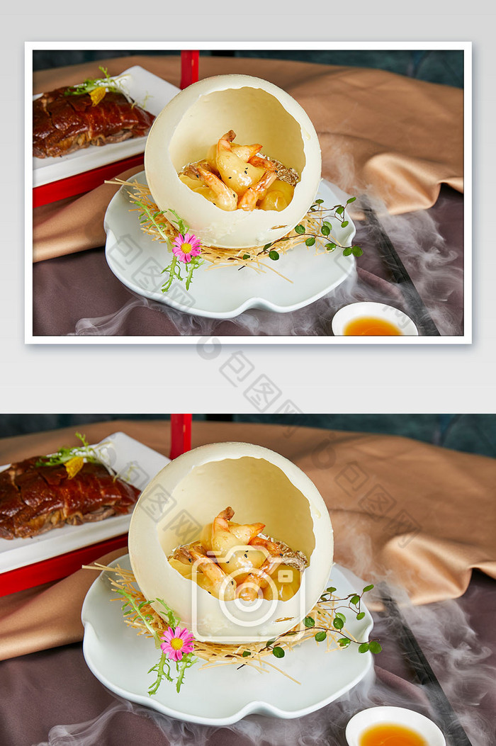 黄色糖醋大虾虾肉巧克力球美食摄影图片图片