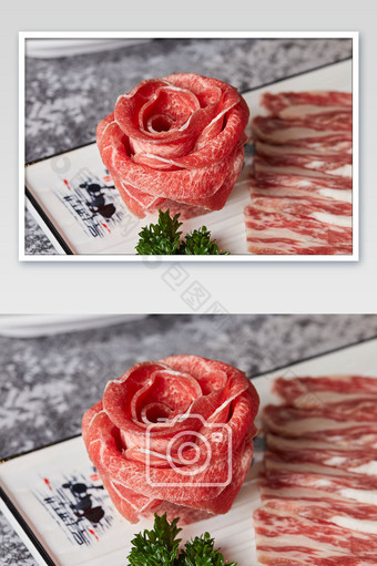 红色雪花牛肉肉片火锅涮菜美食摄影图片