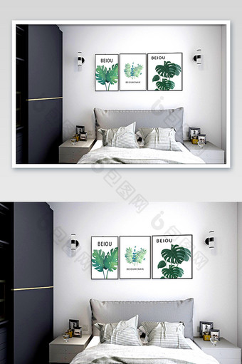 极简黑白灰卧室床头三联装饰画样机图片