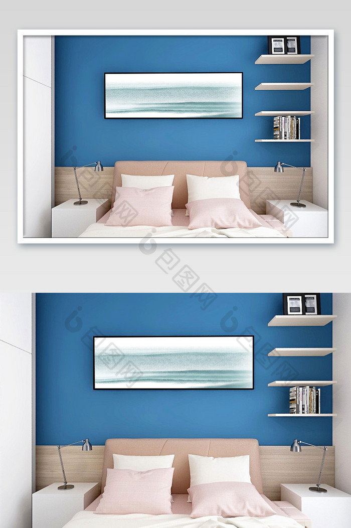 莫兰迪色卧室床头横幅装饰画图片图片