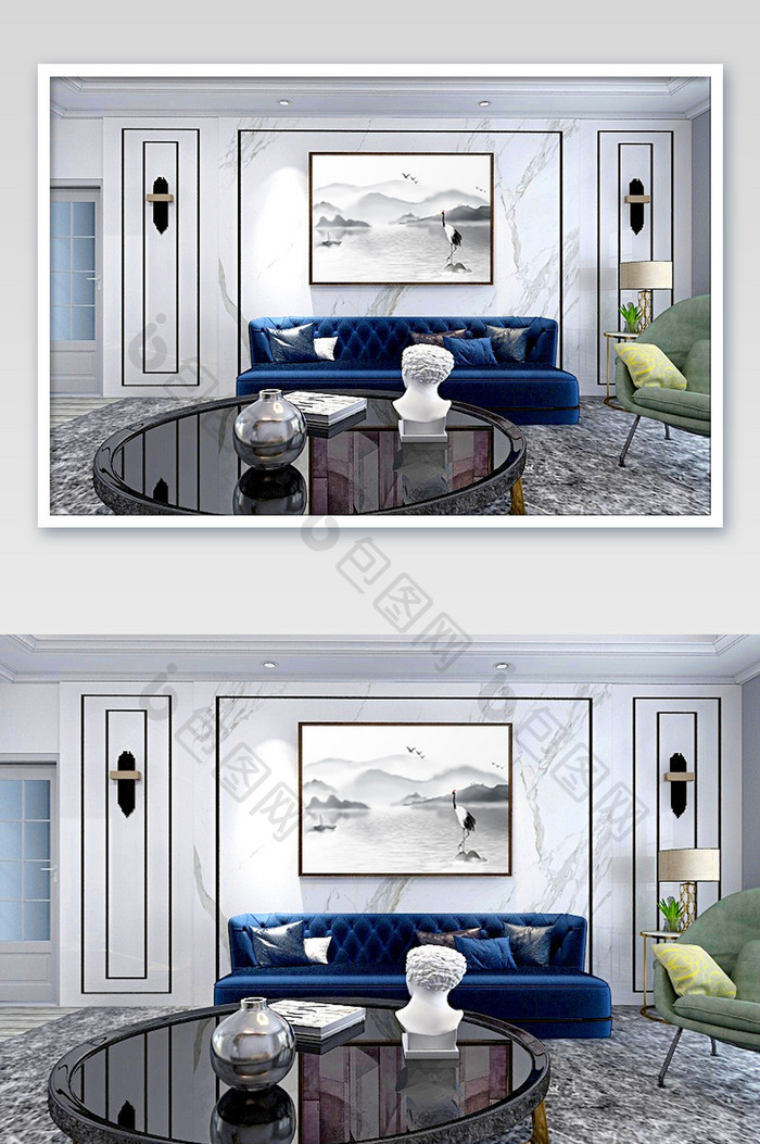 轻奢风大气客厅沙发背景墙精致装饰画样机