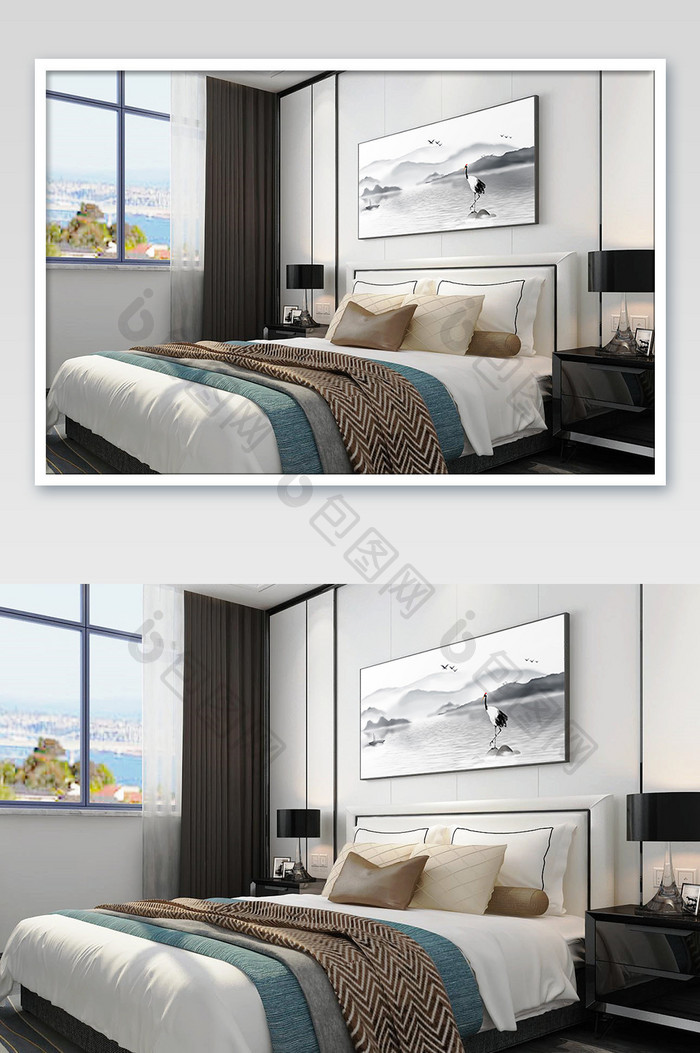 新中式卧室床头精致山水装饰画样机